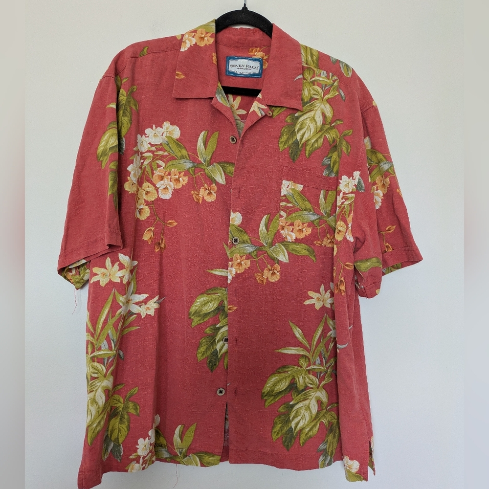 Seven Palm Floral Hawaiian Shirt 100% Silk Men's L